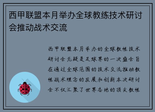 西甲联盟本月举办全球教练技术研讨会推动战术交流 西甲联盟本月举办全球教练技术研讨会推动战术交流